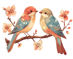 Two birds are sitting on a branch with flowers png