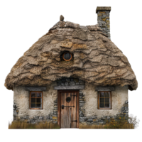 Charming Rustic Thatched Roof Cottage with Stone Walls and Small Windows png
