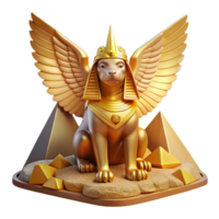 stunning artistic A mysterious sphinx with golden wings and a enigmatic gaze, perched atop a ancient pyramid. Warm, desert lighting. Mythical, enigmatic style 4K png