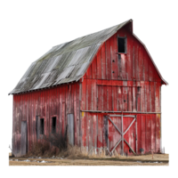 A weathered red barn stands in a field of dried grass and snow png