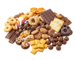 Assortment of cookies, crackers, and other snacks png