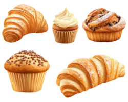 A set of different types of croissants and muffins png