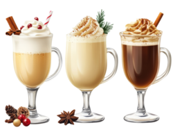 Three different types of coffee drinks in glasses png
