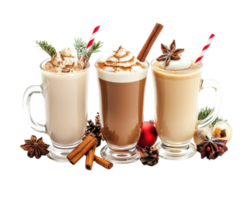 Three different types of hot drinks with cinnamon and other spices png