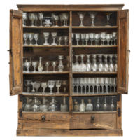 Antique Wooden Cabinet Filled with an Array of Vintage Glassware and Bottles png