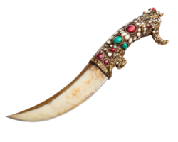 ancient ceremonial dagger with beautifully ornate handle, featuring colorful gemstones and intricate designs, isolated on transparency background png