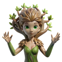 magnificent creative A graceful dryad with bark-like skin and leafy hair, emerging from a ancient tree. Soft, dappled lighting. Natural, ethereal style 4K png