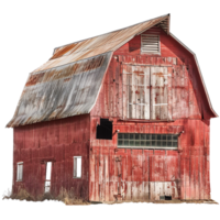 A weathered red barn with rusty metal roof in the countryside png