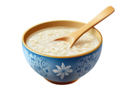 bowl of congee with wooden spoon, presented in decorative blue bowl, isolated on transparency background. creamy texture of congee is highlighted, evoking sense of warmth and comfort png