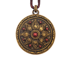 Ancient treasure medallion with intricate design and red gems, isolated on transparency background. This unique piece showcases craftsmanship and historical significance png