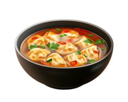 bowl of wonton soup with vibrant broth, garnished with chili and herbs, isolated on transparency background. realistic photography captures delicious and inviting appearance of dish png