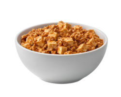 bowl of spicy mapo tofu with minced meat, isolated on transparency background. dish features rich, savory sauce with hint of heat, showcasing vibrant colors and textures of ingredients png