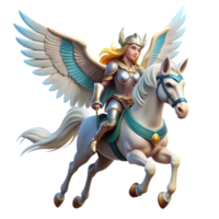 serene modern A beautiful Valkyrie with winged helmet and shining armor, riding a majestic pegasus. Bright, sky lighting. Heroic, mythical style professional png