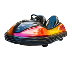 colorful bumper car with glossy finish is isolated on transparency background, showcasing its vibrant design and sleek curves. image captures playful essence of amusement park rides png