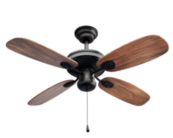 ceiling fan with wooden blades and black motor is isolated on transparency background, showcasing its elegant design and functionality png