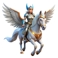 serene creative A beautiful Valkyrie with winged helmet and shining armor, riding a majestic pegasus. Bright, sky lighting. Heroic, mythical style high resolution png