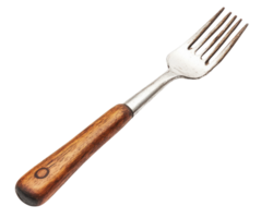 metal fork with wooden handle isolated on transparency background, showcasing its rustic design. fork features polished metal head and smooth wooden grip, ideal for dining or kitchen use png