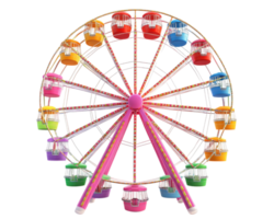 colorful Ferris wheel with vibrant, multicolored gondolas stands isolated against transparency background, showcasing its intricate design and playful appearance png