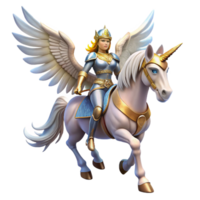 magnificent abstract A beautiful Valkyrie with winged helmet and shining armor, riding a majestic pegasus. Bright, sky lighting. Heroic, mythical style genuine png