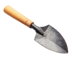 garden trowel with wooden handle and metal blade isolated on transparency background, showing signs of use with soil on blade png