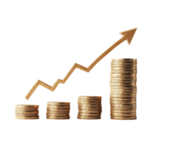 stack of golden coins increasing in height with rising arrow symbolizing financial growth and success. image conveys sense of economic prosperity and investment potential png