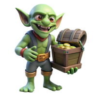 wonderful traditional A cunning goblin with sharp teeth and pointed ears, holding a stolen treasure chest. Dim, cavern lighting. Greedy, mischievous style high resolution png