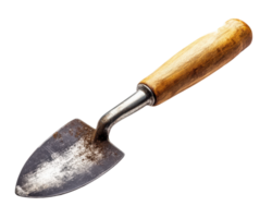 garden trowel with wooden handle and metal blade isolated on transparency background, showing signs of use png