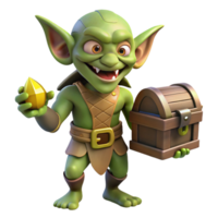 stunning minimalist A cunning goblin with sharp teeth and pointed ears, holding a stolen treasure chest. Dim, cavern lighting. Greedy, mischievous style detailed png