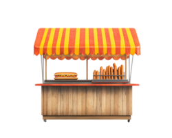 hot dog stand with striped red and yellow canopy, featuring large hot dog and multiple sausages, isolated on transparency background png