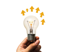 Hand holding light bulb with arrows coming out of it png