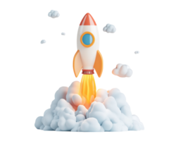 stylized rocket ship launching amidst clouds symbolizes business growth and innovation. vibrant colors and dynamic design convey sense of excitement and forward momentum png
