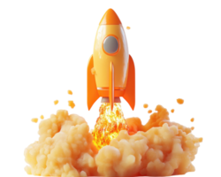 vibrant orange rocket ship launching amidst billowing clouds of smoke, symbolizing business growth and innovation. dynamic scene captures essence of progress and ambition png