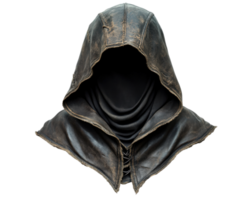 realistic, weathered rogue hood is isolated transparency background, showcasing intricate stitching and mysterious, shadowy interior. hood texture and design evoke sense of adventure and secrecy png