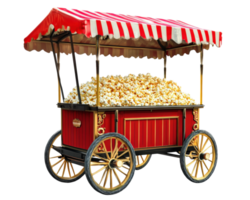 A red and white popcorn cart with a canopy png