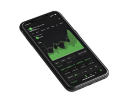 smartphone screen displaying stock market app with green graphs and data, indicating financial growth and analysis png