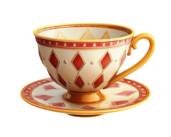 colorful teacup with diamond pattern sits on matching saucer, isolated on transparency background. vibrant design features red and gold accents, creating playful and elegant look png