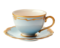 Elegant blue and gold teacup with saucer, featuring intricate detailing and classic design, isolated on transparency background. Perfect for sophisticated tea setting png
