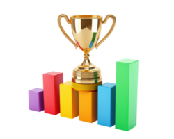 golden trophy sits atop colorful bar chart, symbolizing business success and achievement. vibrant bars represent growth and progress, highlighting concept of reaching goals png