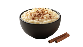A bowl of rice pudding with cinnamon sticks png