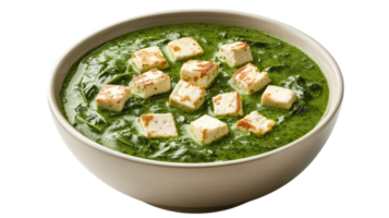 Creamy spinach curry with cubes of paneer in bowl, showcasing vibrant green color and rich texture. Perfect for comforting meal png