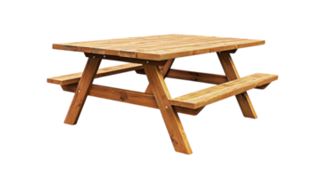 Wooden picnic table with rustic design, perfect for outdoor gatherings and family meals. Its sturdy construction and natural finish enhance any garden or park setting png