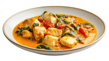 A bowl of fish and spinach curry with spinach png