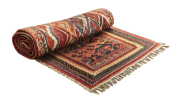Handwoven rug with intricate patterns, rolled and displayed on transparency background, showcasing vibrant colors and textures. Perfect for home decor and interior design png