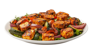 Delicious plate of grilled paneer tikka with colorful vegetables, showcasing vibrant colors and appetizing presentation. Perfect for healthy meal or gathering png