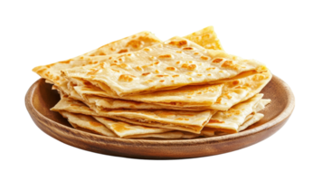 Delicious layered flatbread served on wooden plate, showcasing golden edges and crispy texture, perfect for any meal or snack png