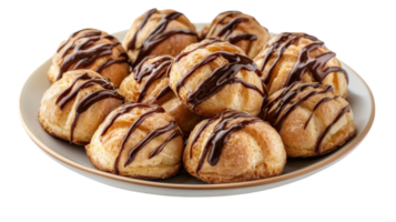 Delicious plate of profiteroles drizzled with cho te sauce, perfect for dessert lovers. These creamy pastries are delightful treat for any occasion png