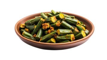 A bowl of okra with a green leaf on top png