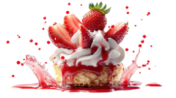Delicious strawberry shortcake topped with fresh strawberries and whipped cream, surrounded by vibrant red sauce splashes, creating mouthwatering dessert scene png