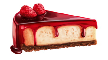 slice of classic cheesecake topped with strawberries and glossy red glaze, showcasing delicious dessert that is both visually appealing and tempting png