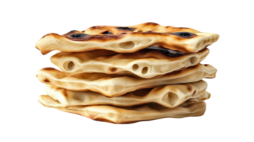 Stack of soft and fluffy naan bread with charred edges, perfect for any meal. This delicious bread adds delightful touch to your dining experience png